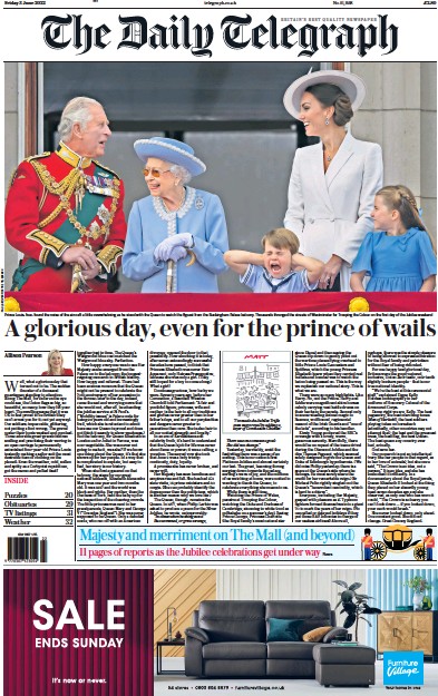 The Daily Telegraph (UK) Newspaper Front Page for 3 June 2022