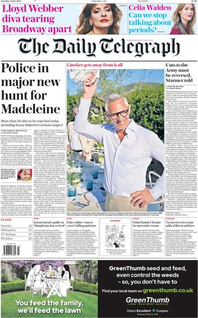 The Daily Telegraph (UK) Newspaper Front Page for 3 June 2025