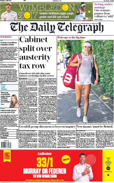 The Daily Telegraph Newspaper Front Page for 3 July 2017