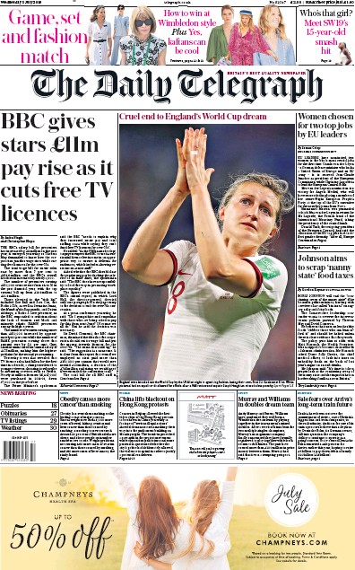The Daily Telegraph Newspaper Front Page for 3 July 2019