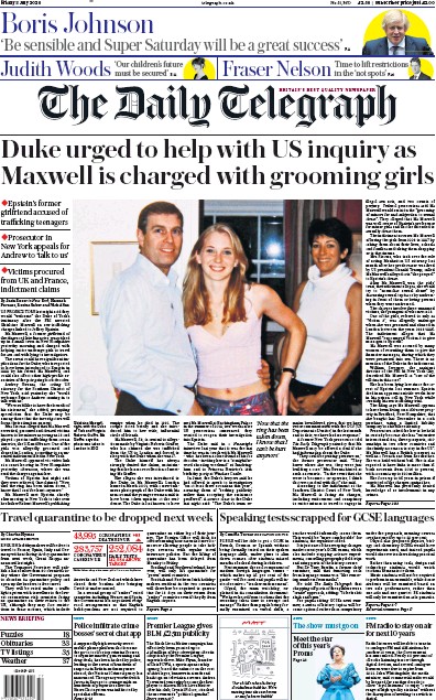 The Daily Telegraph Newspaper Front Page for 3 July 2020