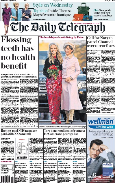 The Daily Telegraph Newspaper Front Page for 3 August 2016