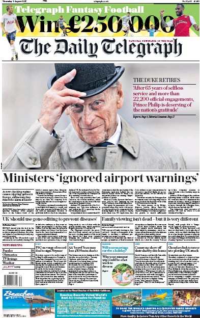 The Daily Telegraph Newspaper Front Page for 3 August 2017