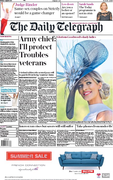 The Daily Telegraph Newspaper Front Page for 3 August 2018