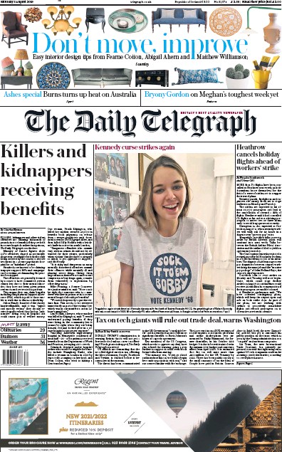 The Daily Telegraph Newspaper Front Page for 3 August 2019