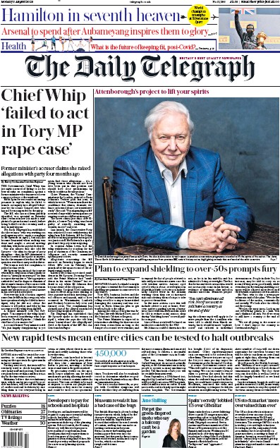 The Daily Telegraph Newspaper Front Page for 3 August 2020
