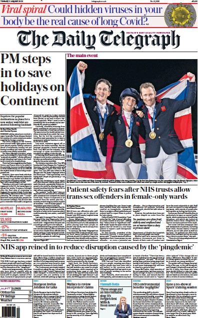 The Daily Telegraph (UK) Newspaper Front Page for 3 August 2021