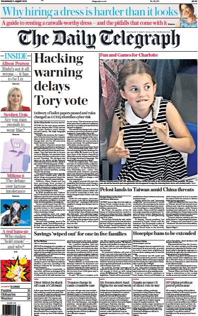 The Daily Telegraph (UK) Newspaper Front Page for 3 August 2022