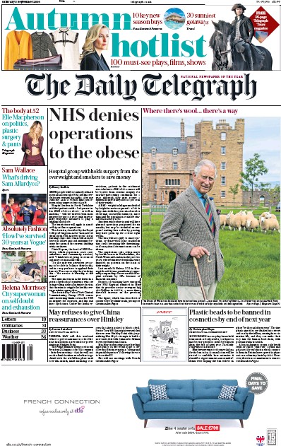 The Daily Telegraph Newspaper Front Page for 3 September 2016