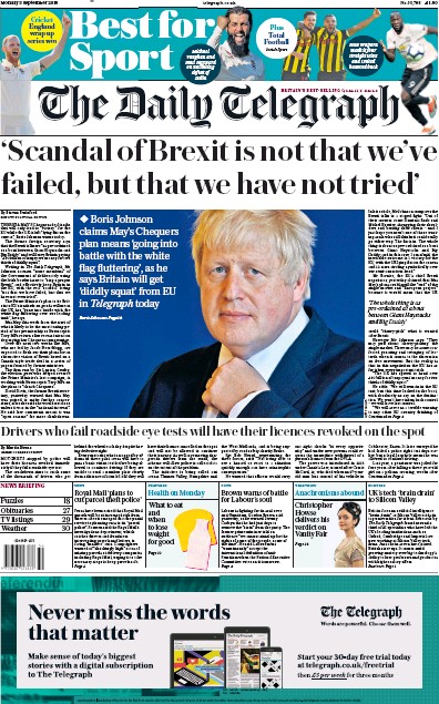 The Daily Telegraph Newspaper Front Page for 3 September 2018