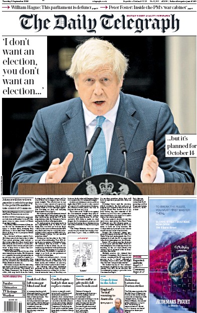 The Daily Telegraph Newspaper Front Page for 3 September 2019