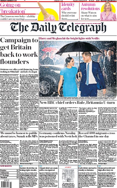 The Daily Telegraph Newspaper Front Page for 3 September 2020