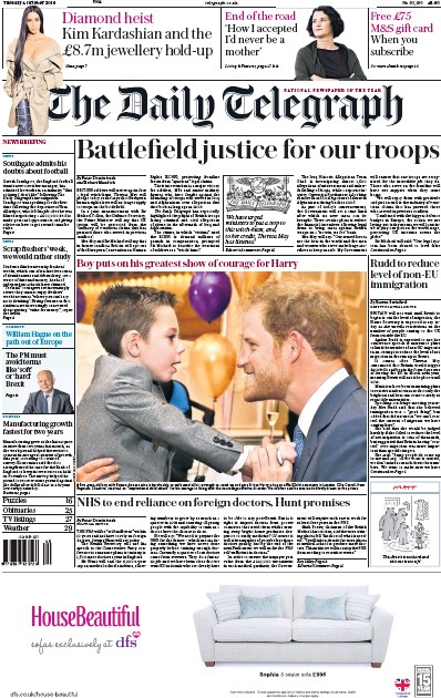 The Daily Telegraph (UK) Newspaper Front Page for 4 October 2016