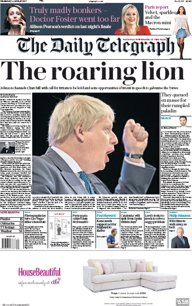 The Daily Telegraph Newspaper Front Page for 4 October 2017