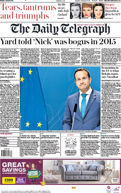 The Daily Telegraph Newspaper Front Page for 4 October 2019