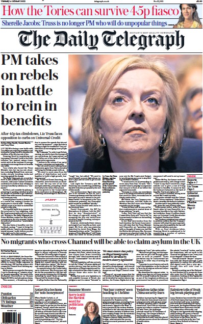 The Daily Telegraph Newspaper Front Page for 4 October 2022