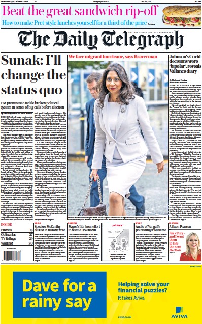 The Daily Telegraph (UK) Newspaper Front Page for 4 October 2023