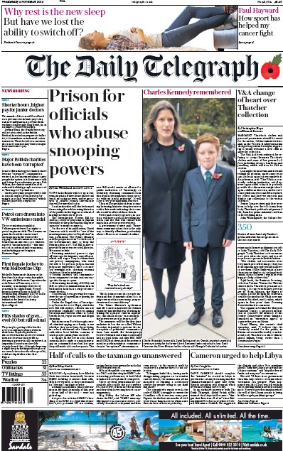 The Daily Telegraph Newspaper Front Page for 4 November 2015