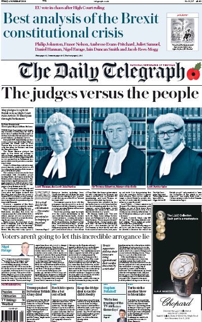 The Daily Telegraph Newspaper Front Page for 4 November 2016