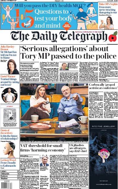 The Daily Telegraph Newspaper Front Page for 4 November 2017