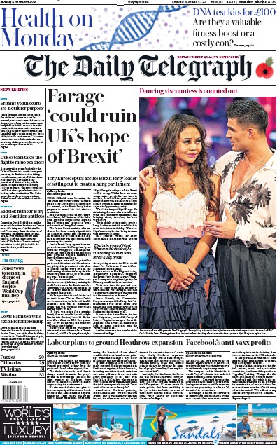 The Daily Telegraph Newspaper Front Page for 4 November 2019