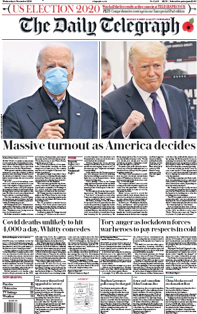 The Daily Telegraph (UK) Newspaper Front Page for 4 November 2020