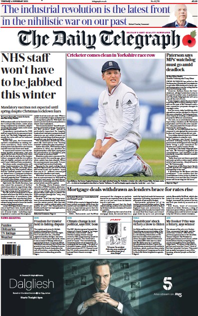 The Daily Telegraph (UK) Newspaper Front Page for 4 November 2021