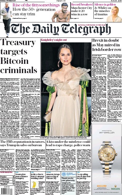 The Daily Telegraph Newspaper Front Page for 4 December 2017