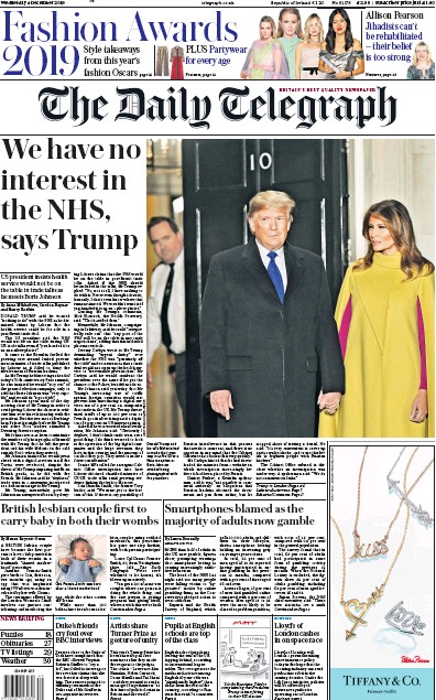The Daily Telegraph (UK) Newspaper Front Page for 4 December 2019