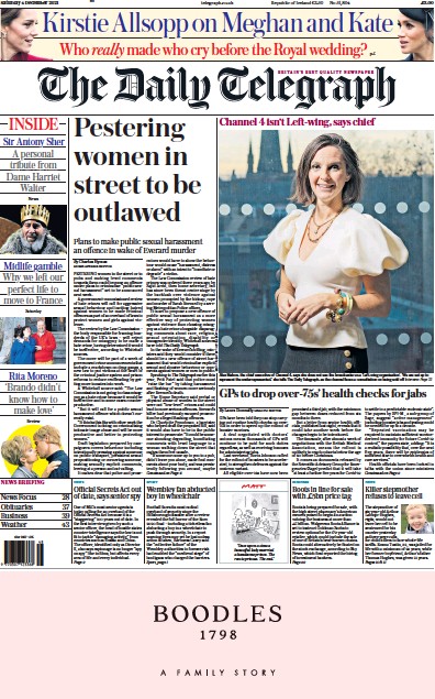 The Daily Telegraph (UK) Newspaper Front Page for 4 December 2021