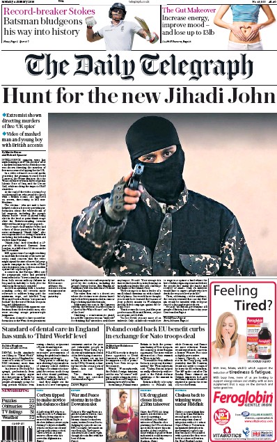 The Daily Telegraph Newspaper Front Page for 4 January 2016