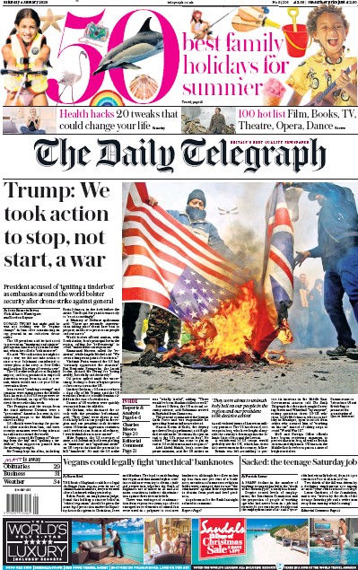The Daily Telegraph (UK) Newspaper Front Page for 4 January 2020