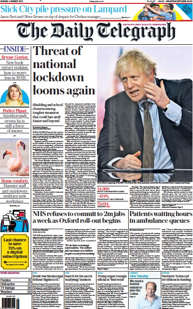 The Daily Telegraph Newspaper Front Page for 4 January 2021