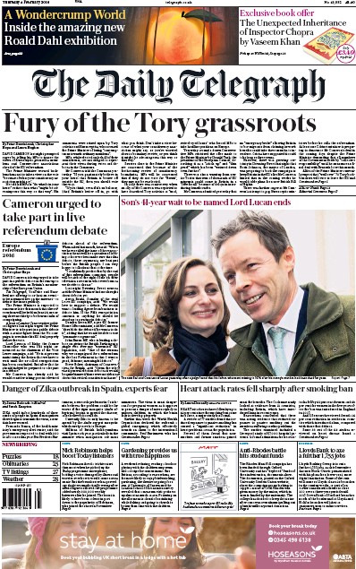 The Daily Telegraph Newspaper Front Page for 4 February 2016