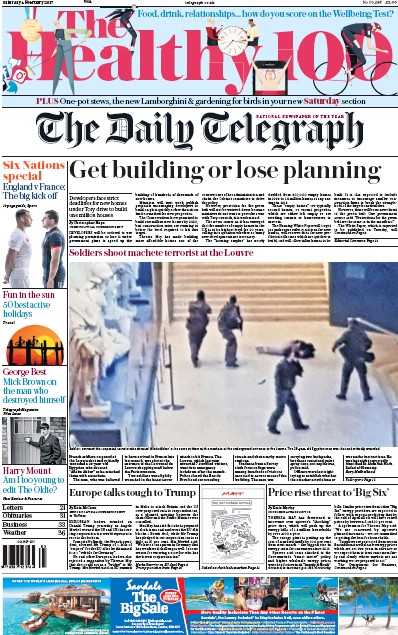 The Daily Telegraph Newspaper Front Page for 4 February 2017