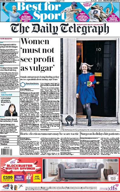 The Daily Telegraph Newspaper Front Page for 4 February 2019