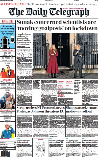 The Daily Telegraph (UK) Newspaper Front Page for 4 February 2021