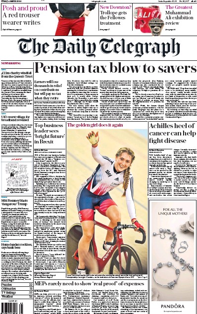 The Daily Telegraph Newspaper Front Page for 4 March 2016