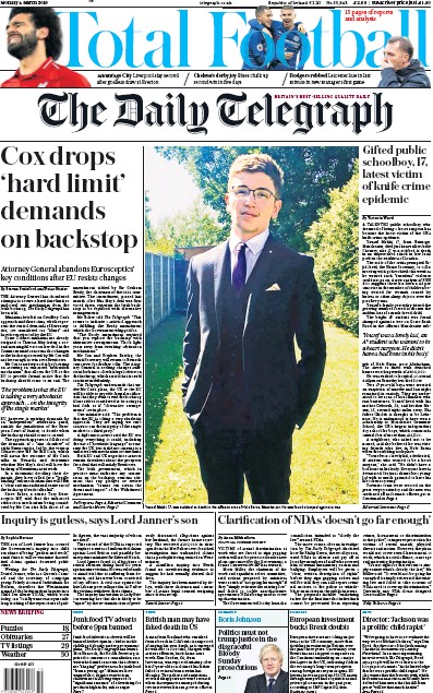 The Daily Telegraph Newspaper Front Page for 4 March 2019