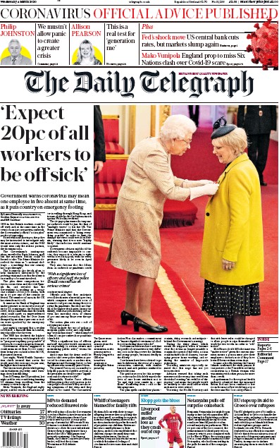 The Daily Telegraph Newspaper Front Page for 4 March 2020