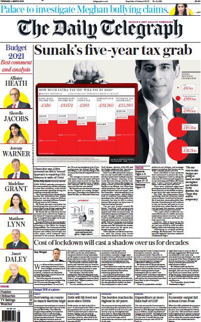 The Daily Telegraph (UK) Newspaper Front Page for 4 March 2021