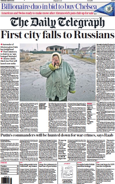 The Daily Telegraph Newspaper Front Page for 4 March 2022