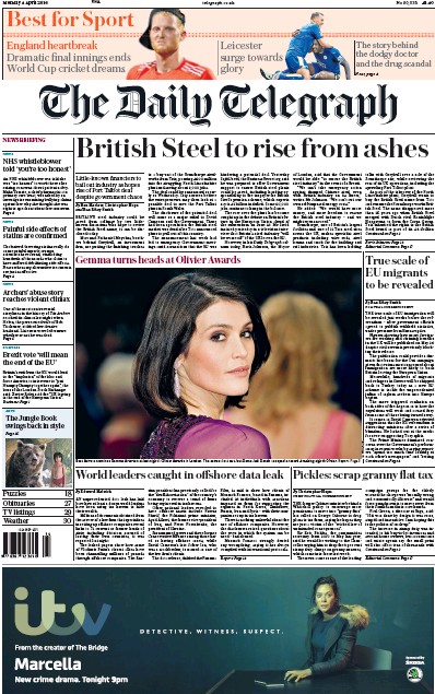 The Daily Telegraph Newspaper Front Page for 4 April 2016