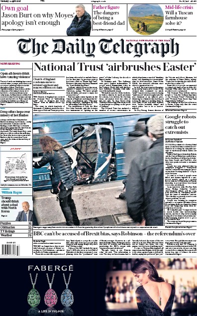 The Daily Telegraph Newspaper Front Page for 4 April 2017