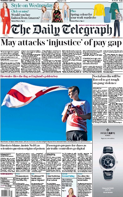 The Daily Telegraph Newspaper Front Page for 4 April 2018