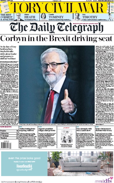The Daily Telegraph (UK) Newspaper Front Page for 4 April 2019