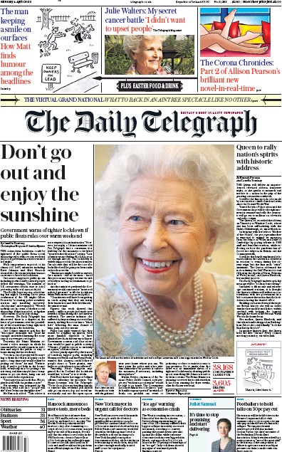 The Daily Telegraph Newspaper Front Page for 4 April 2020