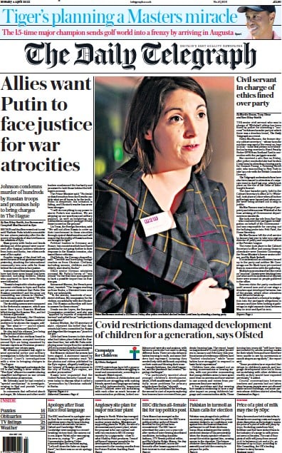 The Daily Telegraph Newspaper Front Page for 4 April 2022