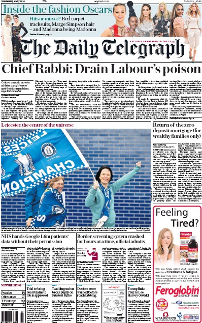 The Daily Telegraph Newspaper Front Page for 4 May 2016
