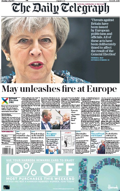 The Daily Telegraph Newspaper Front Page for 4 May 2017